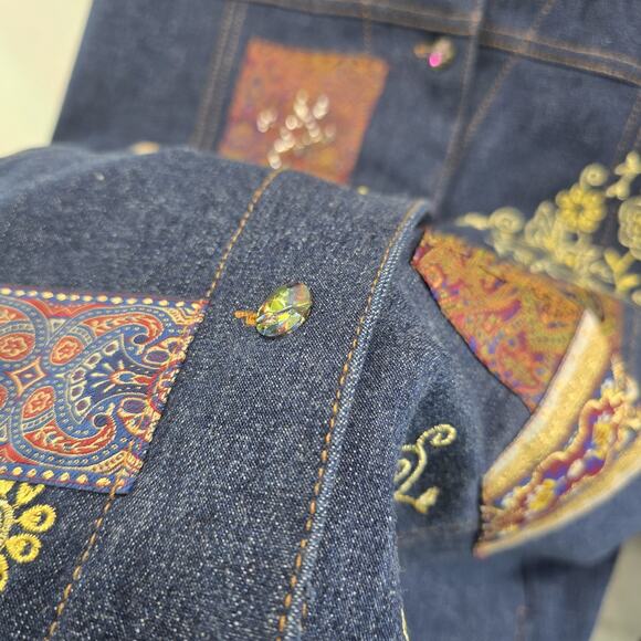 Vintage Denim Jacket Womens Large Jean Button Patchwork Paisley Red Gold - Picture 8 of 12